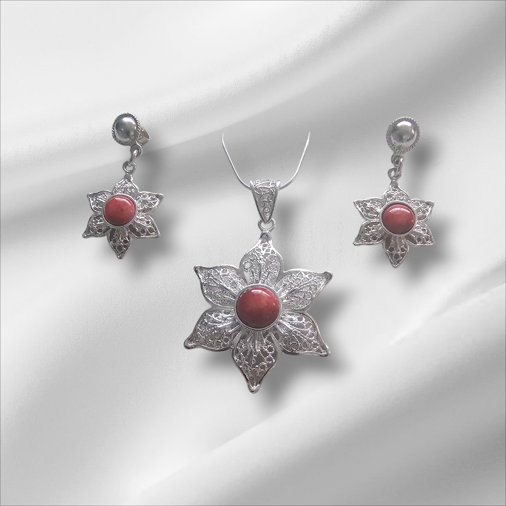 Elegante Juego de Joyas de Plata ley 925 con Filigrana y Piedra Natural Autenica